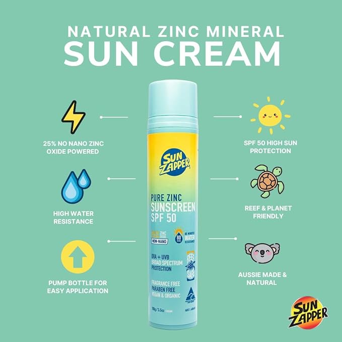Sun Zapper Pure Zinc Mineral Sunscreen SPF 50 Pump, 25% Zinc Oxide, Broad Spectrum UVA/UVB, Reef Safe, Fragrance Free, Paraben Free, Water Resistant 80 Min, Rubs in Clear, 3.5 oz (100 g)
