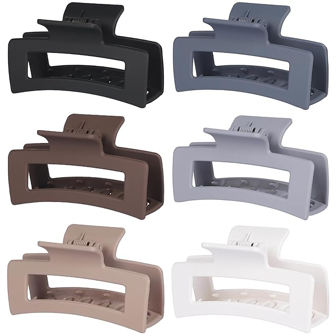 Square Hair Clips 3.5 Inch Medium Claw Clips Rectangle Hair Claw Clips 6 Pack Rubber Paint Jaw Non-Slip Thick Hair Accessories for Women Girls -Brown Grey