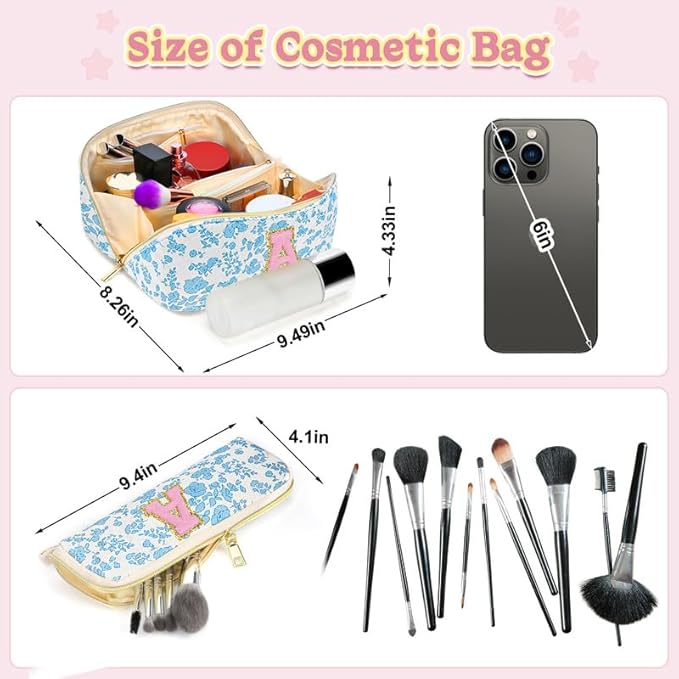 Personalized Travel Makeup Bag Set,Initial Travel Cute Floral Makeup Organizer Bag,Toiletry Skincare Cosmetic Bag, Valentine’s Day Gifts for Women/Girls,Open Flat Toiletry Pouch with Brush Pocket-S