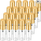 20Pcs 3ml Empty Clear Glass Mist Spray Bottle Refillable Mini Perfume Atomizer Travel Sample Bottle with Golden Aluminized Nozzle Makeup Container for Perfume (3ml Gold Caps)