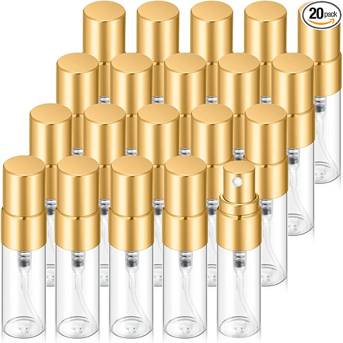 20Pcs 3ml Empty Clear Glass Mist Spray Bottle Refillable Mini Perfume Atomizer Travel Sample Bottle with Golden Aluminized Nozzle Makeup Container for Perfume (3ml Gold Caps)