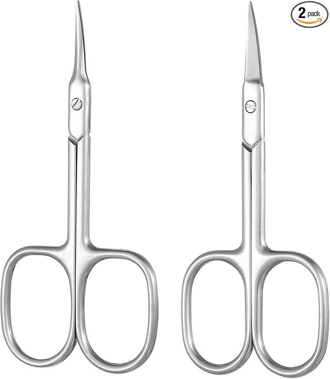 2 Pack Stainless Steel Cuticle Scissors Extra Fine Curved Blade Multi-Purpose Grooming Scissors for Manicure Pedicure Eyebrow Nail Eyelash Beards, Silver