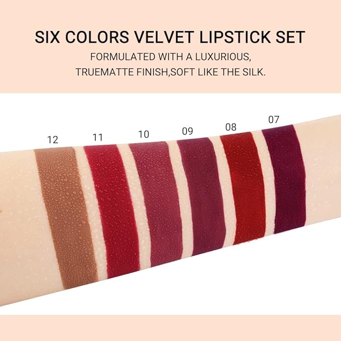 evpct 6Pcs Dark Bright Ruby Sexy Brick Mauve Plum Red Brown Matte Matt Liquid Lipstick Lip Gloss Glossy Set for Black Women 24 Hour Silky Velvet Lipstick Lip Liner set labiales matte larga duracion 24