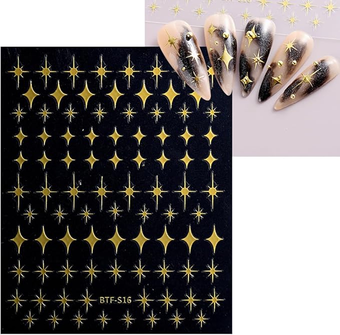 12 Sheets Gold Star Nail Art Stickers Decals 3D Self Adhesive Gold White Black Star Design Nail Art Decal Supplies Accessories for Women Acrylic Manicure DIY Decoration