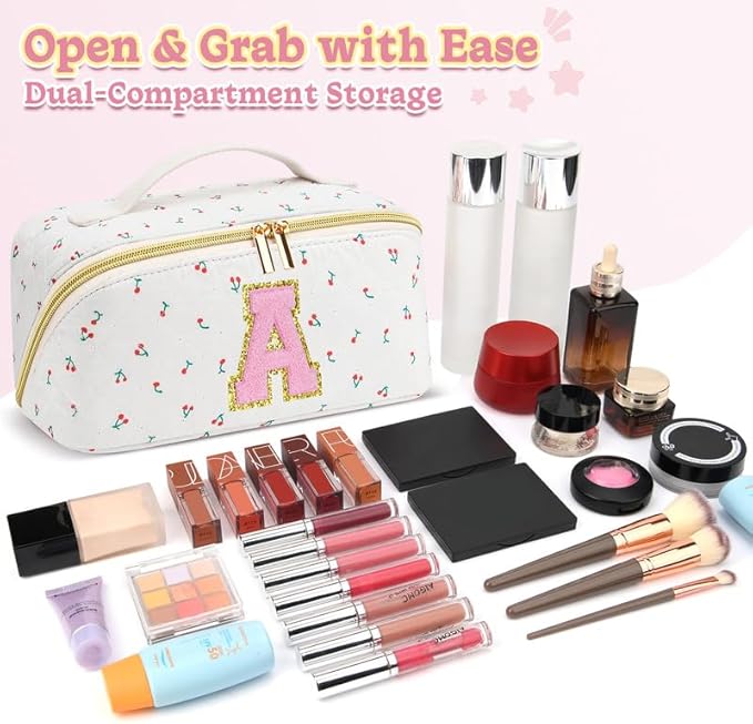 Personalized Travel Makeup Bag Set, Initial Cute Cherry Makeup Organizer Bag, Toiletry Skincare Cosmetic Bag, Valentine’s Day Gifts for Women/Girls, Open Flat Toiletry Pouch with Brush Pocket