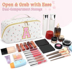 Personalized Travel Makeup Bag Set, Initial Cute Cherry Makeup Organizer Bag, Toiletry Skincare Cosmetic Bag, Valentine’s Day Gifts for Women/Girls, Open Flat Toiletry Pouch with Brush Pocket