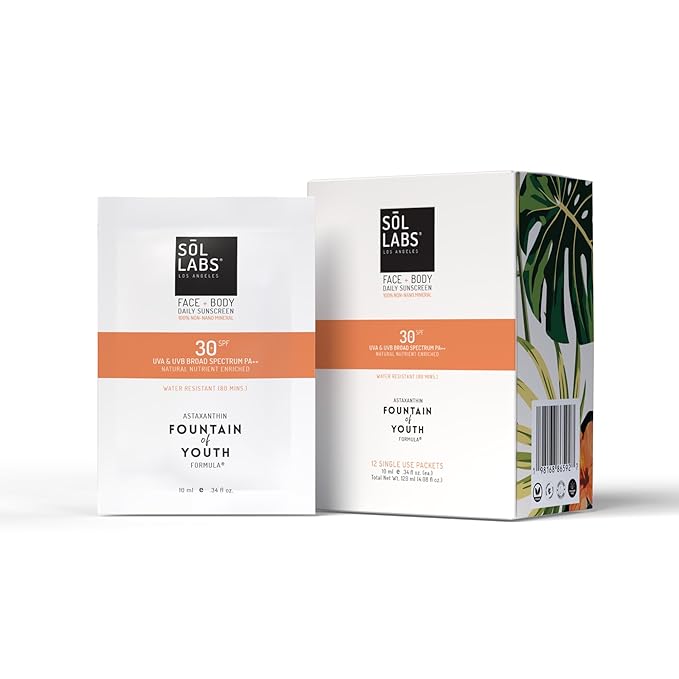SOL LABS Daily Face and Body Sunscreen SPF 30 | On-The-Go All Natural Mineral, Water Resistant, Reef Safe, Korean Lightweight Formula, No White Cast, Ultra Hydrating, 12 Individual Use Packets