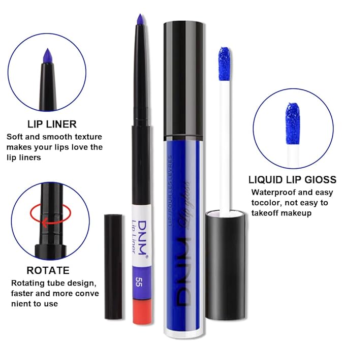 evpct 2Pcs Dark Royal Blue Matte Liquid Lipstick Lip Gloss Stain and Retractable Lip Liner Makeup Set for Women Long Lasting Waterproof 24 Hours Lipstick labial mate larga duracion 24 55#