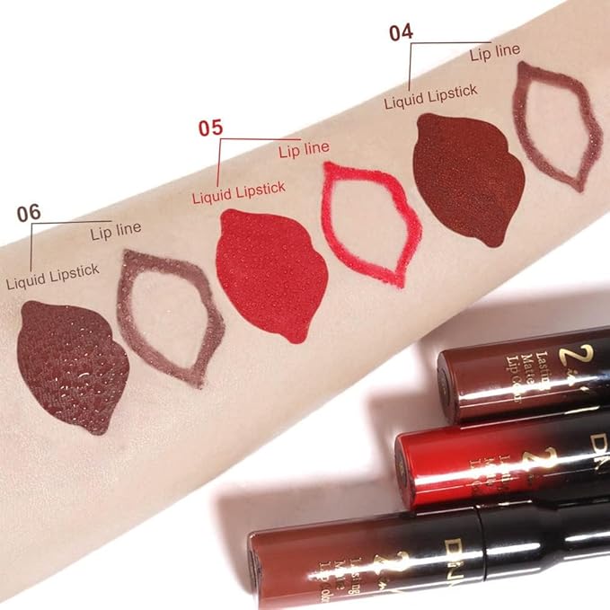 3Pcs 2 in 1 Dark Brown Ruby Deep Red Lip Liner and Liquid Lipstick Stain Makeup Set for women, Long Lasting Smudge Proof Lip Tint Matte Finish Lip Gloss for All-Day Color Hold Easy to Use, Set02