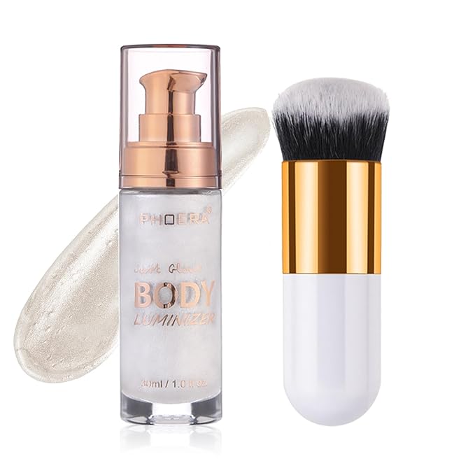 Body Shimmer Oil, Diamond Platinum Natural Glow Luminizer, Long Lasting Waterproof Moisturizing Liquid Illuminator Highlighter Makeup for a Sun-Kissed Glow, Brush Include, 1oz, Light Fair