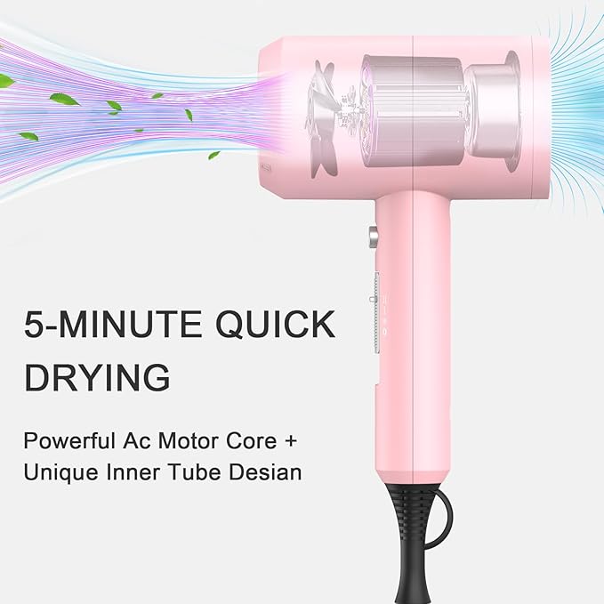 slopehill Professional Ionic Hair Dryer, Powerful 1800W Fast Drying Low Noise Blow Dryer with 2 Concentrator Nozzle 1 Diffuser Attachments for Home Salon Travel (Pink)