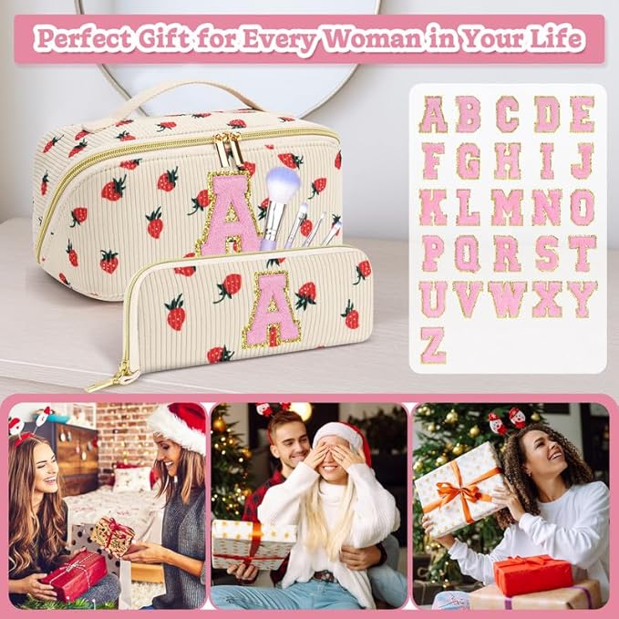 Personalized Travel Makeup Bag Set,Initial Travel Strawberry Makeup Organizer Bag,Toiletry Skincare Cosmetic Bag, Valentine's Day Gifts for Women/Girls/Teen,Open Flat Toiletry Pouch with Brush Bag