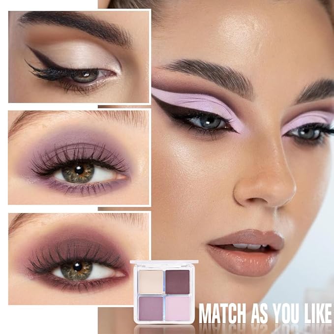 evpct Eyeshadow Quad Palette, Nude Pink Dark Mauve Plum Voilet Lavender Purple Glitter Shimmer Metallic Matte High Pigment Mini Eye shadow Palette Makeup for older Women, Vegan Cruelty-free, Romance