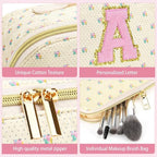 Personalized Travel Makeup Bag Set, Initial Travel Cute Floral Makeup Organizer Bag, Beige Toiletry Skincare Cosmetic Bag, Valentine’s Day Gifts for Women/Girls, Open Flat Toiletry Pouch Brush Bag