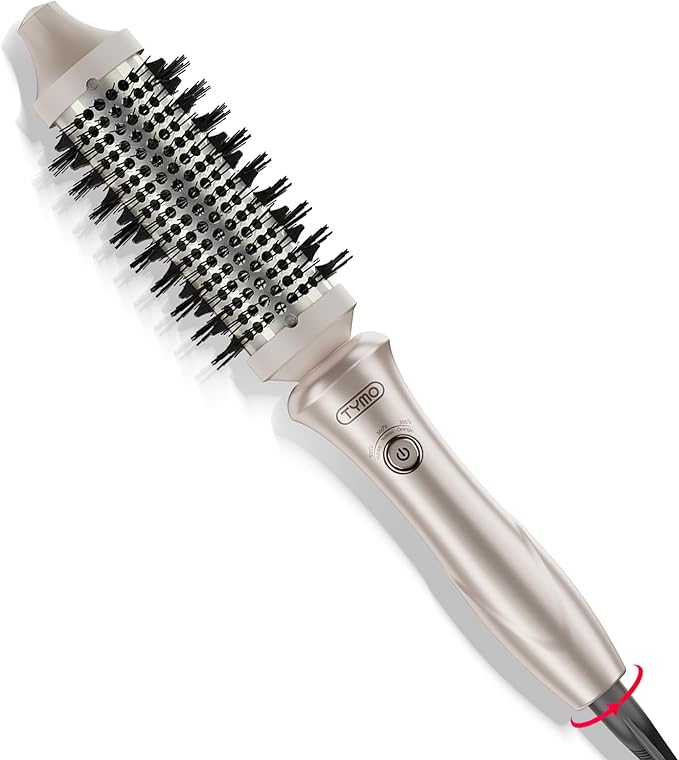 TYMO Thermal Brush Curling Brush - STYLUX 1.5 Inch Blowout Volumizer with Flexi-Fit for Hair Straightening, Heated Round Styler Tool, Hair Straightener and Curler 2 in 1, Dual Voltage, Gold