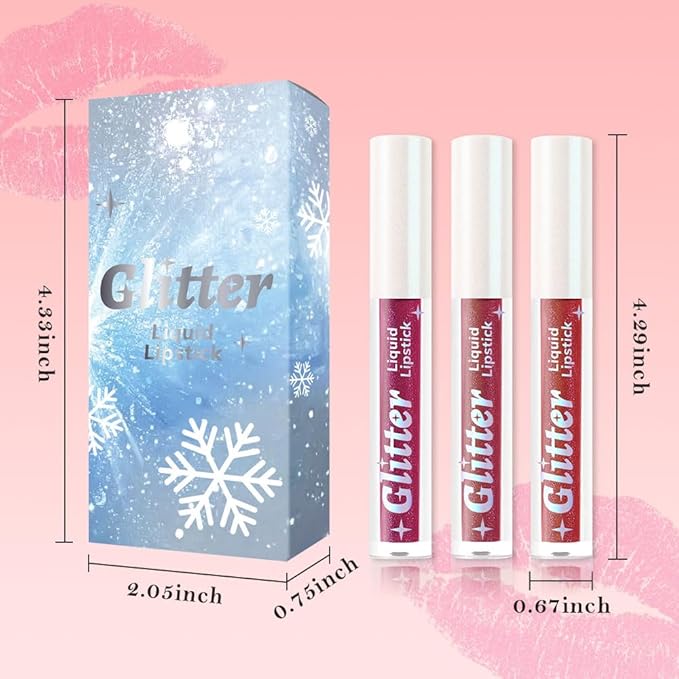 AMY'S DIARY 3Pcs Glitter Liquid Lipstick Set – Violet Purple, Ruby Wine, Cherry Red – Shimmer Metallic Lip Gloss, Long-Lasting Waterproof Lip Color, High Shine Sparkle Makeup for Women (Set c)