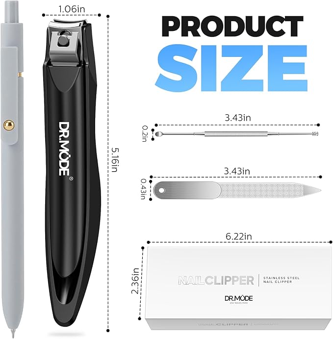DRMODE Nail Clippers for Men with Catcher, Anti Splash Self-Collecting Finger Nail Clippers Adult with Ergonomics Long Handle, Heavy Duty Mess Free Toenail Clippers Nail Cutter Unique Gifts for Women