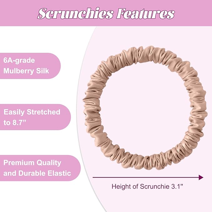 4Pcs Mulberry Silk Scrunchies & Hair Ties - No Crease Skinny Scrunchies Elastic Set for Women All Hair Types, Reduces Breakage (Coastal Tones)