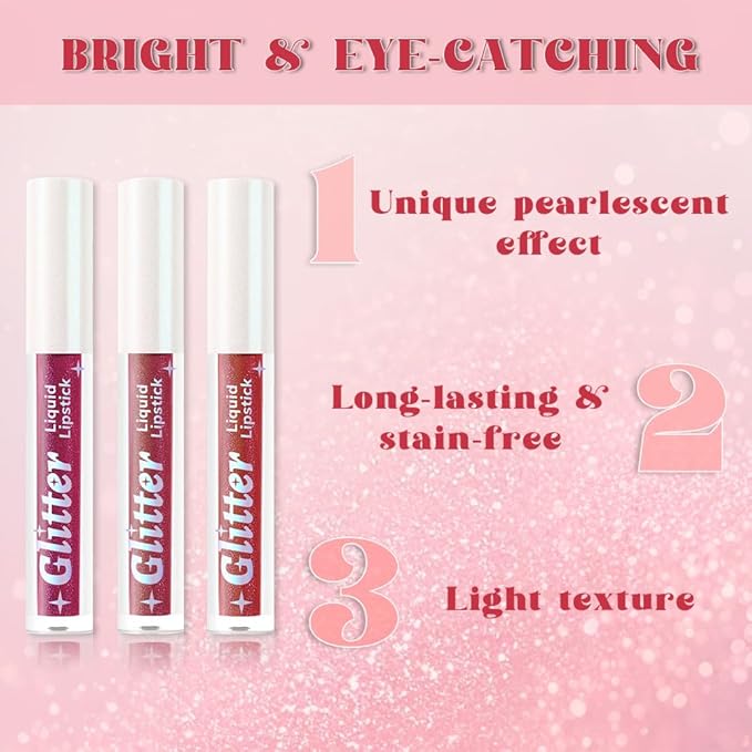 AMY'S DIARY 3Pcs Glitter Liquid Lipstick Set – Violet Purple, Ruby Wine, Cherry Red – Shimmer Metallic Lip Gloss, Long-Lasting Waterproof Lip Color, High Shine Sparkle Makeup for Women (Set c)