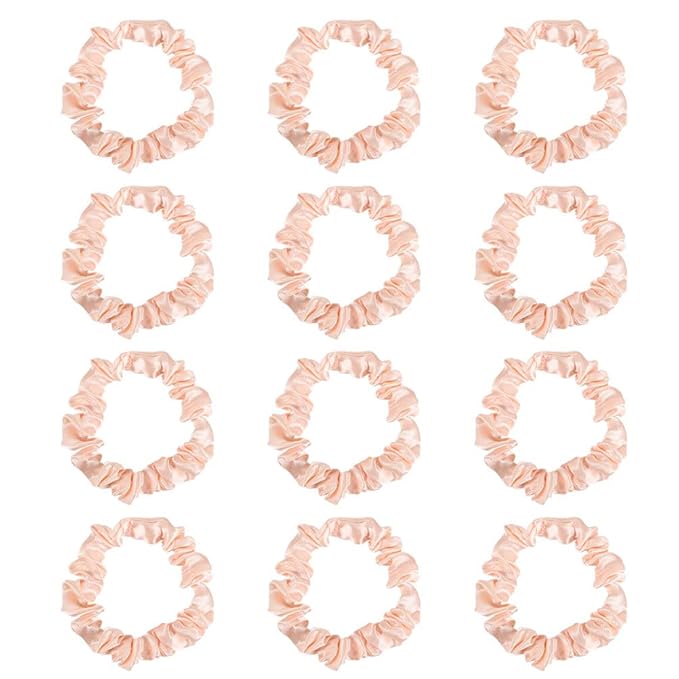 12Pcs Satin Hair Ties, Blush Silk Hair Scrunchies Skinny Hair Ties Ponytail Holder Pink Accessories Gift for Women Girls