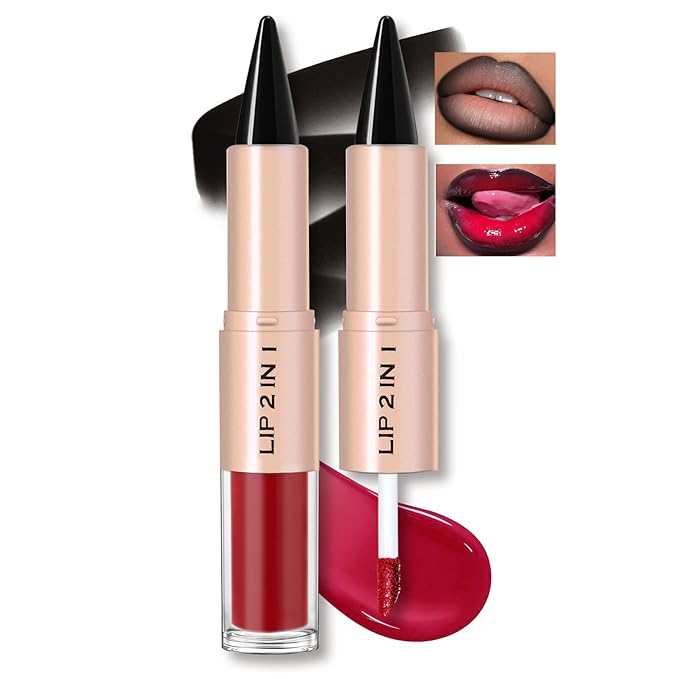 Lip Liner Gloss Lip Combo Set, 2 in 1 Lip Duo Black Lip Liner Lipstick Glossy Nourishing Oxblood Gloss Lip Kit, Smooth Quick Fuller Plumping Moisturizing Lip Makeup for Women02#Black Cherry