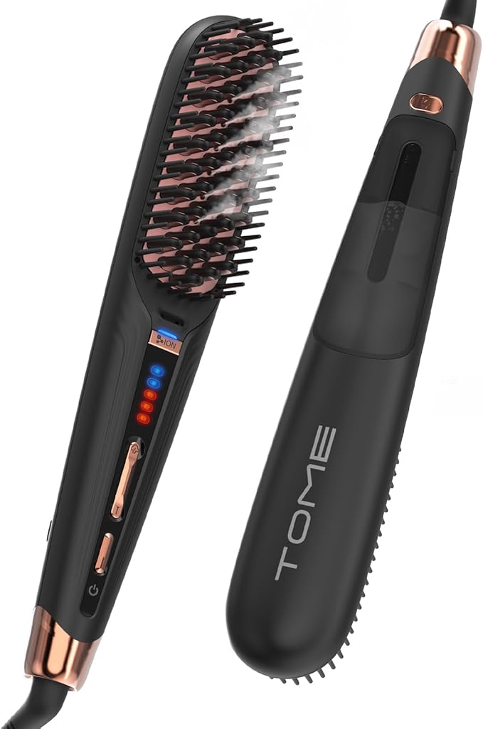 Tome Steam Hair Straightener Brush, 3-in-1 Ionic Straightening Comb with 2 Steam Levels, 3 Heat Settings (356°F–428°F), Dual Voltage 110-240V, Anti-Scald Design for Frizzy & Curly Hair Color Black