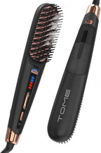 Tome Steam Hair Straightener Brush, 3-in-1 Ionic Straightening Comb with 2 Steam Levels, 3 Heat Settings (356°F–428°F), Dual Voltage 110-240V, Anti-Scald Design for Frizzy & Curly Hair Color Black