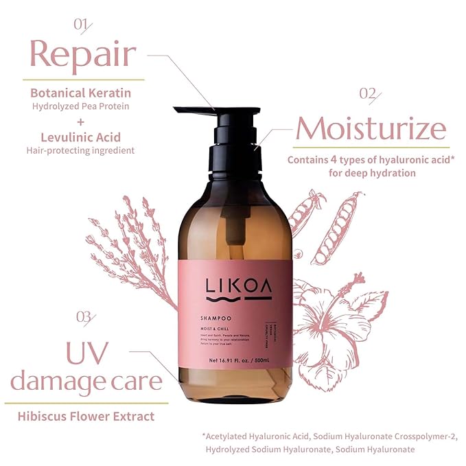 LIKOA, Moist and Chill Hydrating Shampoo, Vegan, Halal, for Damaged and Frizzy Hair, Botanical Hair Care, Oriental Floral Scent, Made in Japan, 500mL, 16.9 Fl oz
