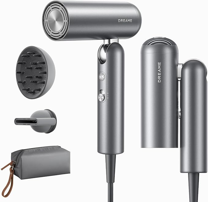Dreame Pocket Pro Hair Dryer, Dual Voltage Travel Blow Dryer with Diffuser, 1300W Professional HighSpeed Ionic Hair Blower, Fast Drying, Low Noise, Lightweight, No Heat Damage, Global Travel 120V/240V