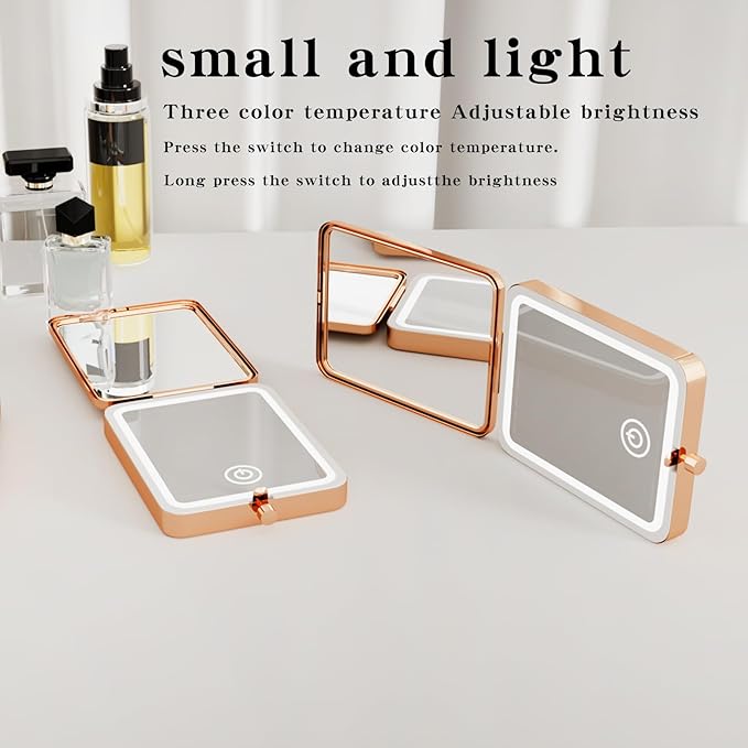 2025 Pocket Mirror With Light, Rose Gold Rechargeable Dimmable 3 Color Lighting 1x/3x Led Compact Travel Makeup Mirror for Purse, Portable, Folding, Handheld, Small Lighted Mirror Gift for Women