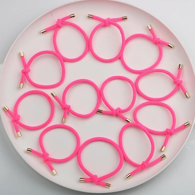 14PCS Hair Tie Elastics Knotted Hair Ties Ponytail Holders for Women Girls Elastic Hair Rubber Bands for Thin Thick Wavy Curly Straight Long Hair (Neon Pink)