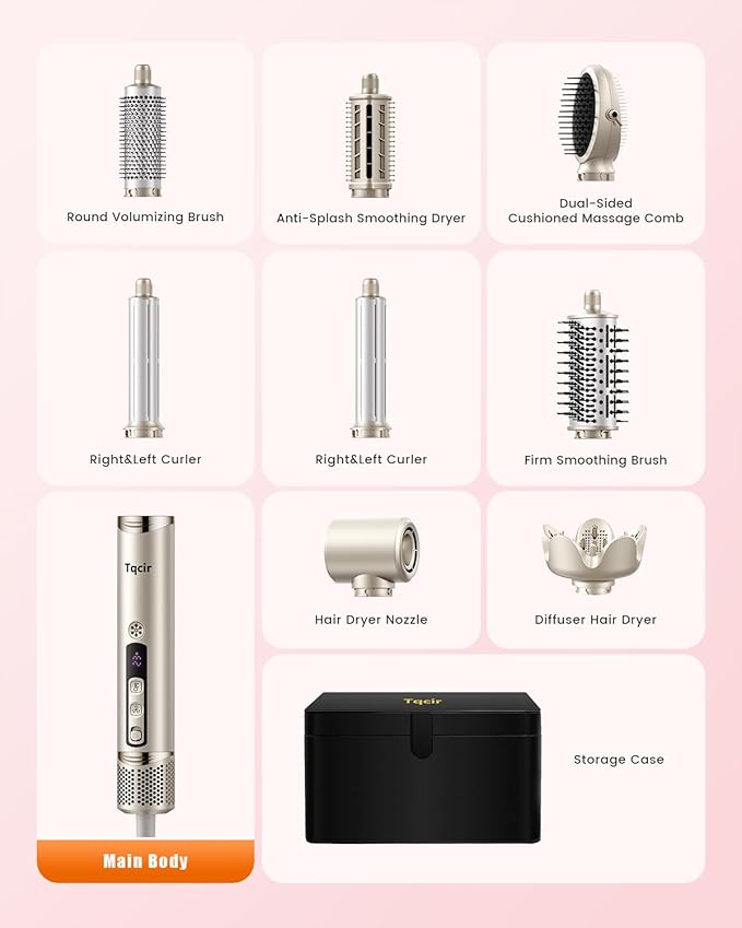 8-in-1 Professional Hot Air Styler&Hair Dryer Brush, Powerful Multi-Styler with Auto-Wrap Curler with Storage Case, Fast Drying Curling Straightening Volumizing Without Heat Damage(Gold)