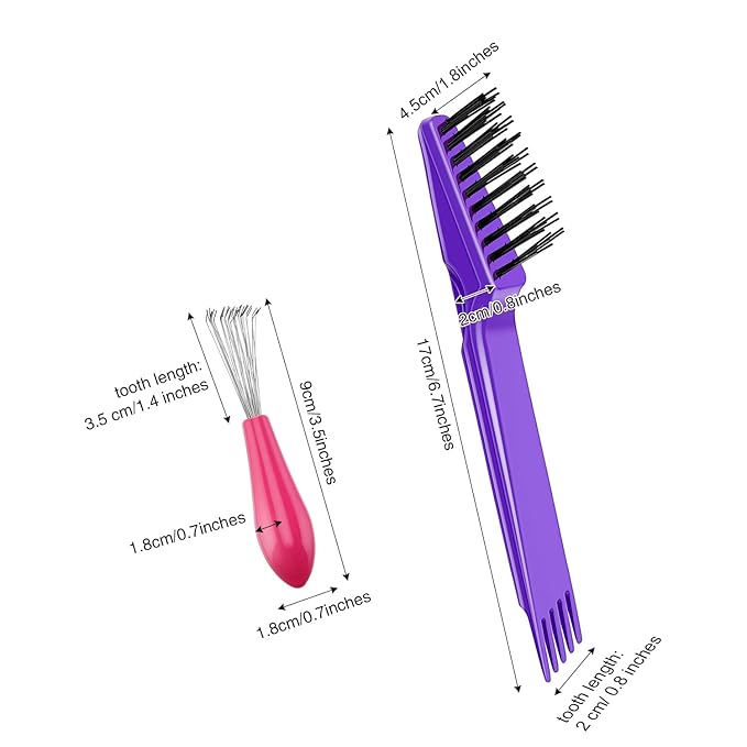 Boao 2 Pieces Hair Brush Cleaning Tool Comb Set Mini Hair Brush Dirt Remover with Metal Wire Rake for Removing Hair Dust Home and Salon Use(Pink and Purple)