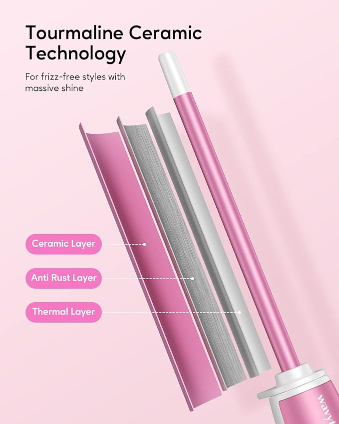 Wavytalk 3/8 Inch Small Curling Wand, Wand Curling Iron for Short & Long Hair, Ceramic Barrel with Adjustable Temperature, Heat Resistant Glove Included (Rose Pink)