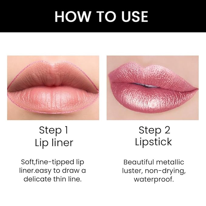 Kaely 2-in-1 Light Pink Pale-Pink Metallic Shine Shimmer Lip Liner & Lipstick Combo Set Kit for Women, Lightweight Hydrating Formula High Impact Full Coverage Lipstick and Lip Liner Makeup Gloss 16