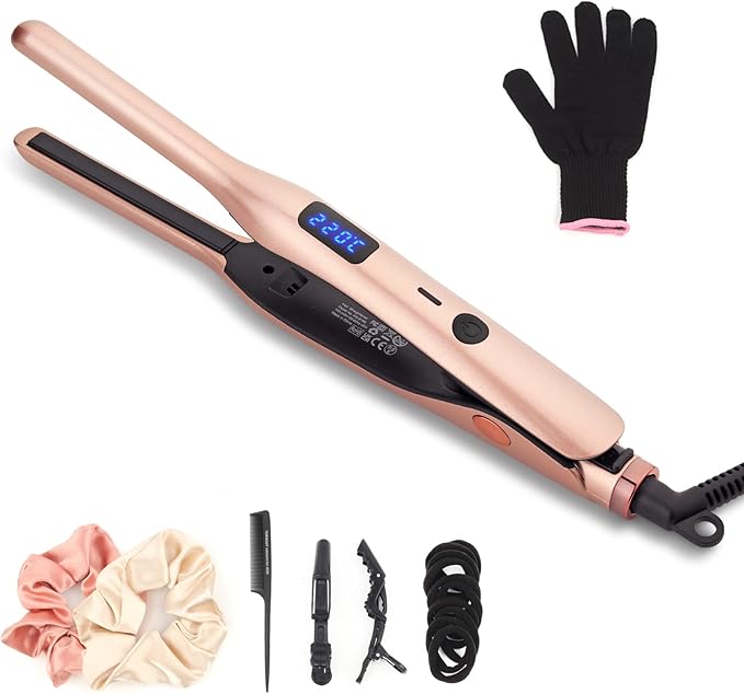 3/10 Inch Pencil Flat Iron, Small Flat Irons for Short Hair, Beard and Pixie Cut, Mini Hair Straightener Small Ceramic with Adjustable Temperature, Include Glove