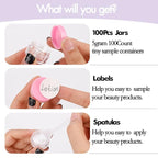3 Gram Mini Sample Jars with Lids - 100 Count, Empty Lip Balm Containers, Makeup Travel Containers with Labels, Mini Disposable Spatulas