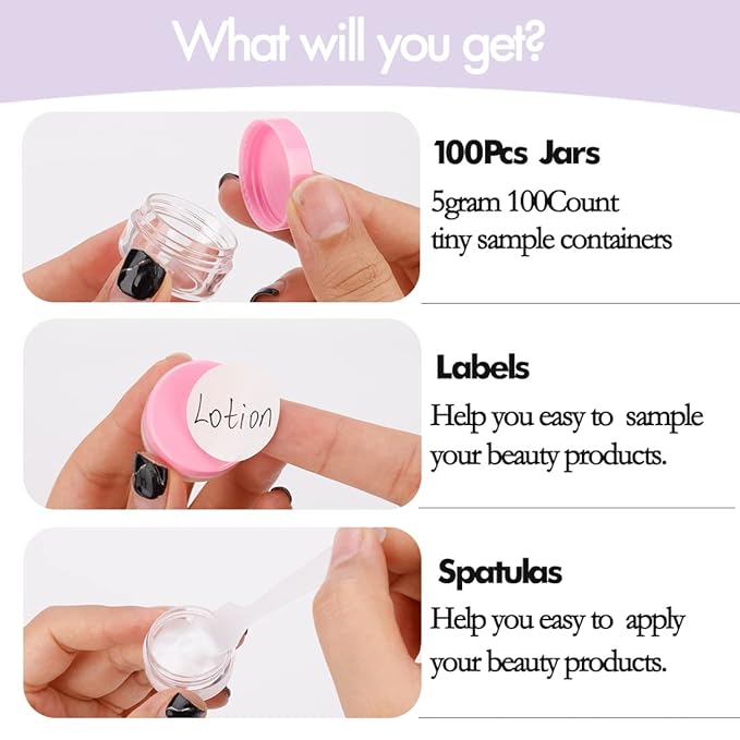 3 Gram Mini Sample Jars with Lids - 100 Count, Empty Lip Balm Containers, Makeup Travel Containers with Labels, Mini Disposable Spatulas