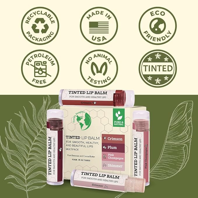 Earth's Daughter Tinted Lip Balm 4 Pack Stocking Stuffers of Assorted Colors - Beeswax, Coconut Oil, Cocoa Butter, Vitamin E - Moisturize and Beautify - Paraben Free