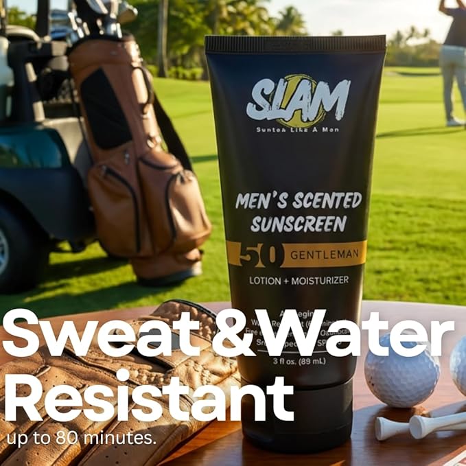 SLAM MysteryMan Men's Sunscreen Lotion SPF 50 & Moisturizer – Face & Body Sunblock, Anti-Aging, Water-Resistant, Hawaii Act 104 Safe, Daily Sport Skincare for Men, Scented – 3 fl oz. Double pack.