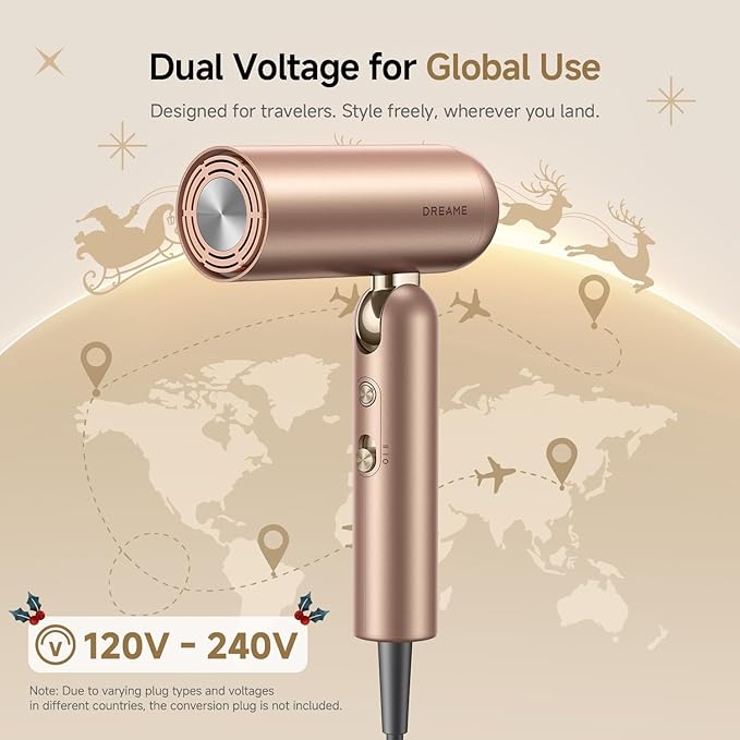 Dreame Pocket Pro Hair Dryer, Dual Voltage Travel Blow Dryer with Diffuser, 1300W Professional HighSpeed Ionic Hair Blower, Fast Drying, Low Noise, Lightweight, No Heat Damage, Global Travel 120V/240V