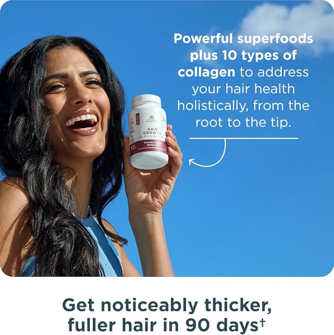 Ancient Nutrition Hair Growth + Collagen Supplement, Hydrolyzed Collagen Peptides, Clinically Studied Superfoods for Hair Growth Support, Thicker, Fuller Hair and Radiant Skin, 60 Count
