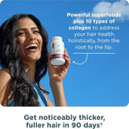 Ancient Nutrition Hair Growth + Collagen Supplement, Hydrolyzed Collagen Peptides, Clinically Studied Superfoods for Hair Growth Support, Thicker, Fuller Hair and Radiant Skin, 60 Count