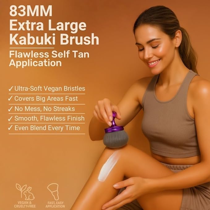 Extra Large Kabuki Self Tanner Brush – Vegan Tanning Applicator for Streak-Free Tan, Full Body Foundation, Sunscreen, Bronzer, Mousse, Lotion, Shimmer, Body Makeup & Professional Tanning Brush