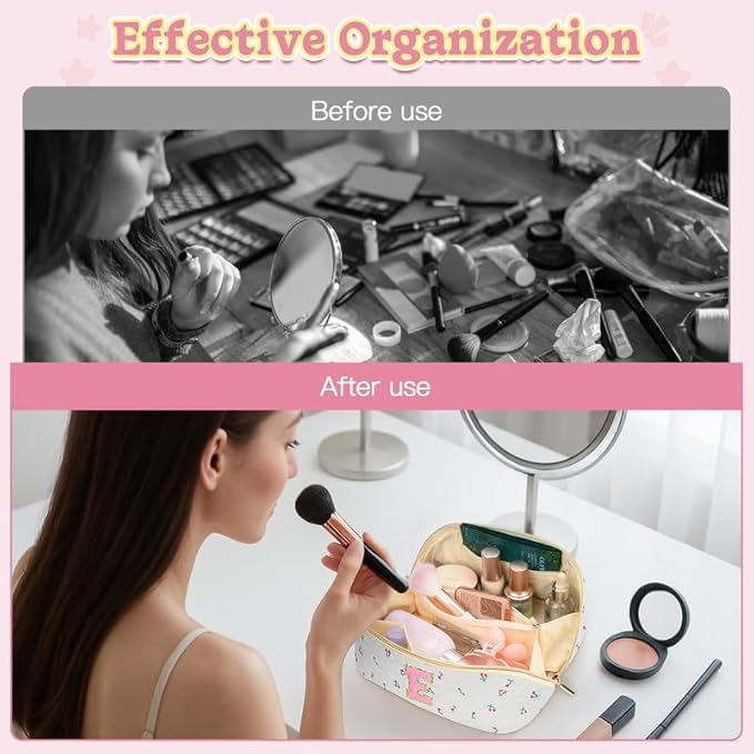 Personalized Travel Makeup Bag Set, Initial Cute Cherry Makeup Organizer Bag, Toiletry Skincare Cosmetic Bag, Valentine’s Day Gifts for Women/Girls, Open Flat Toiletry Pouch with Brush Pocket