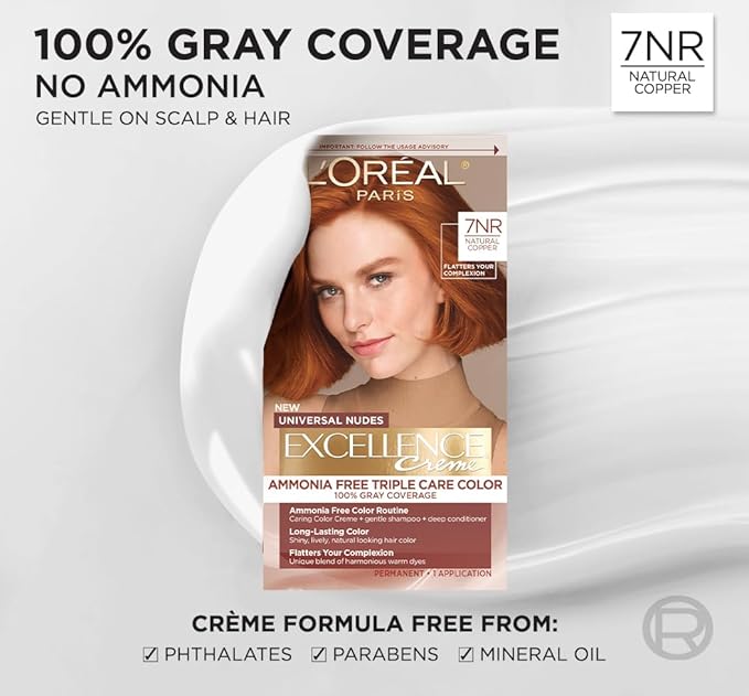 L’Oreal Paris Excellence Universal Nudes Permanent Hair Color, Ammonia Free Hair Dye for Gray Hair Coverage, 7NR Natural Copper, 1 Hair Dye Kit