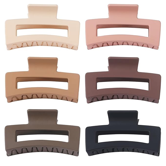 Hair Clip, 3.5 Inch Medium Square Claw Clips Rectangle Clips 6 Pack Rubber Paint Acrylic Plastic Metal, Non-Slip Design for Women Girls - Coffee