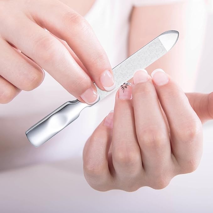 3 Pcs Stainless Steel Nail Files Kit with Leather Case, Double Sided Metal Nail Files with Anti-Slip Handle for Women and Men, Metal File Buffer Manicure Pedicure Tools for Fingernail Toenail(Pink)