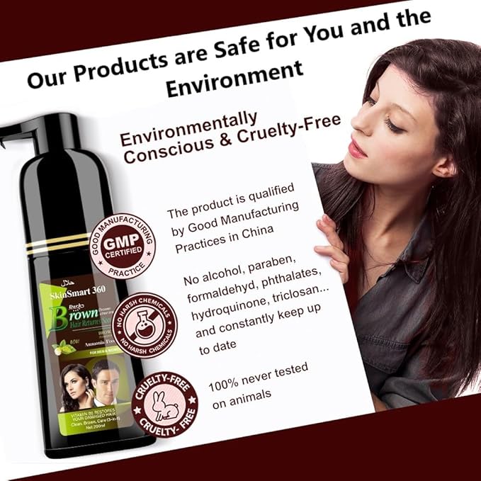 SkinSmart 360® No-Stain Hair Dye Shampoo – Full Gray Coverage for Men & Women, 3-in-1 Color + Cleanse + Condition, Natural Ingredients, Easy No-Mix Formula, 200 mL (Dark Brown)