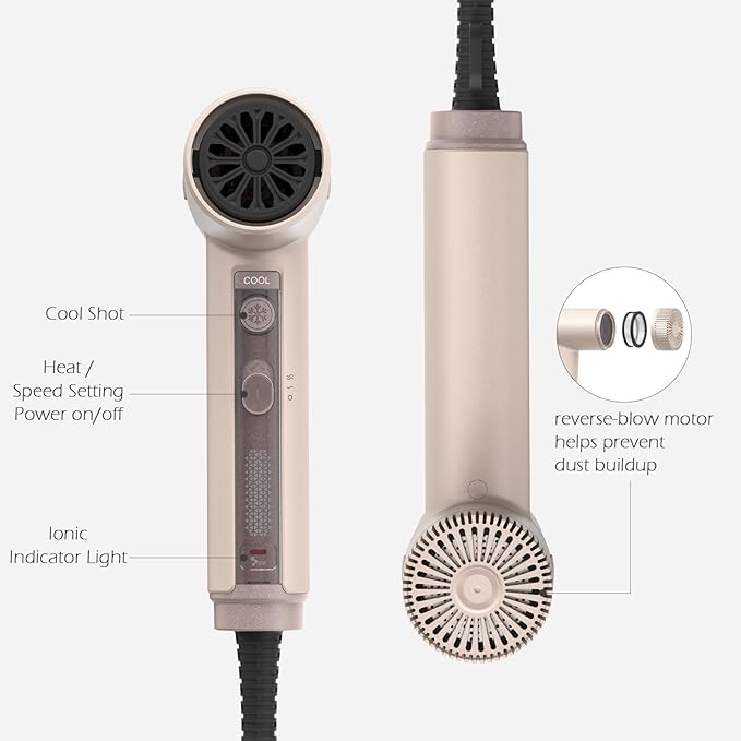 TOME Hair Dryer with Diffuser 1875W High Speed Blow Dryer Ionic 110000 RPM Cool Shot Lock 1 inch Air Curling Wands Nozzle Light Weight Pink